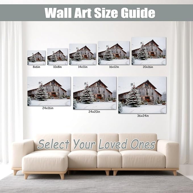 Rustic White Barn & Christmas Tree Winter Landscape Canvas Wall Art - Farmhouse Christmas Framed Canvas Prints, Rustic Christmas Wall Decor for Living Room, Cozy Christmas Gifts & Festive Decorations
