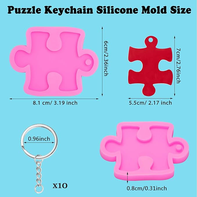 WILLBOND 2 Pcs Puzzle Silicone Mold with 10 Key Rings, Keychain Mold