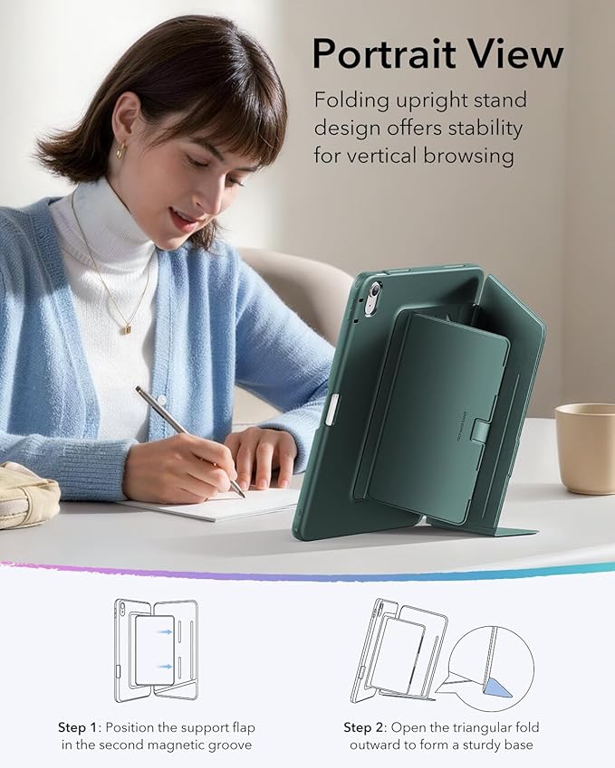ESR for iPad Air 13 Inch Case M4/M3/M2 (2026/2025/2024), Vertical Stand Cover, Multi Stand Angles, Ultra-Stable Case with Pencil Holder, Flip Series, Green
