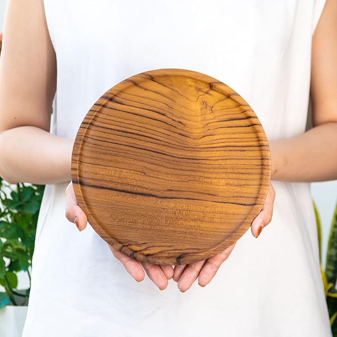 Rainforest Bowls Set of 2 8" Round Javanese Teak Wood Plates- Perfect for Everyday Use- Hot & Cold Friendly, Ultra-Durable, Premium Wooden Plates- Handcrafted by Indonesian Artisans
