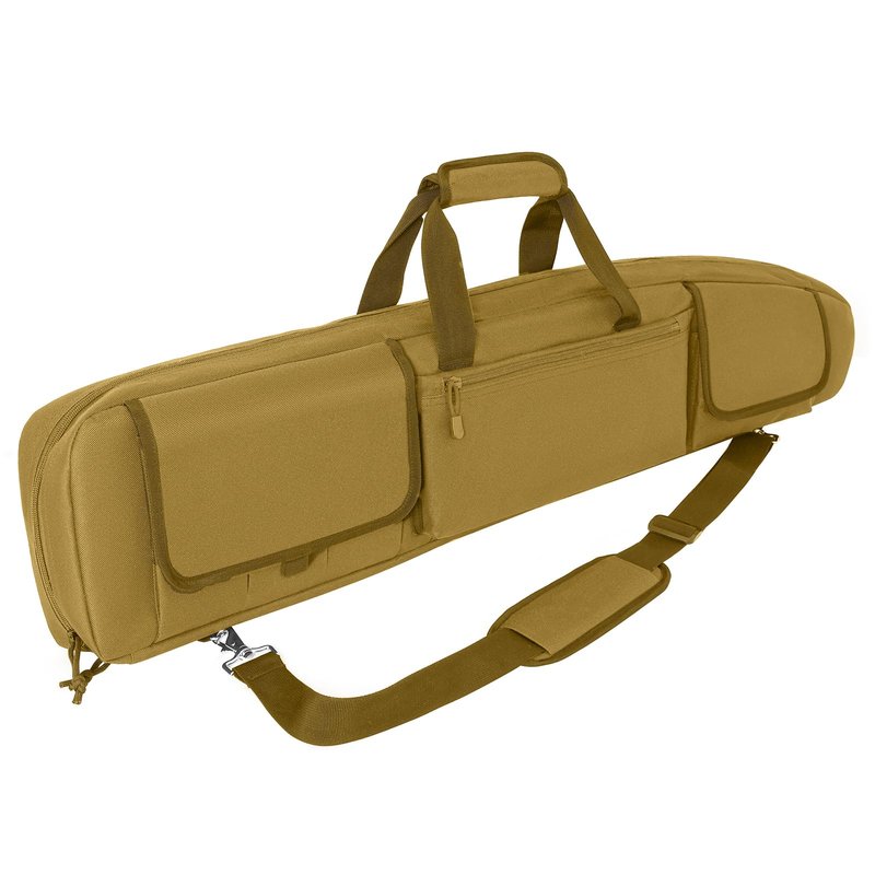DULCE DOM Double Rifle Case, 38 42 44 inch Soft Gun Tactical Bag for Shooting Range, Movable Divider for 1 or 2 Gears, Multiple Magazine Pouches & Accessory Bags (Khaki, 42'')