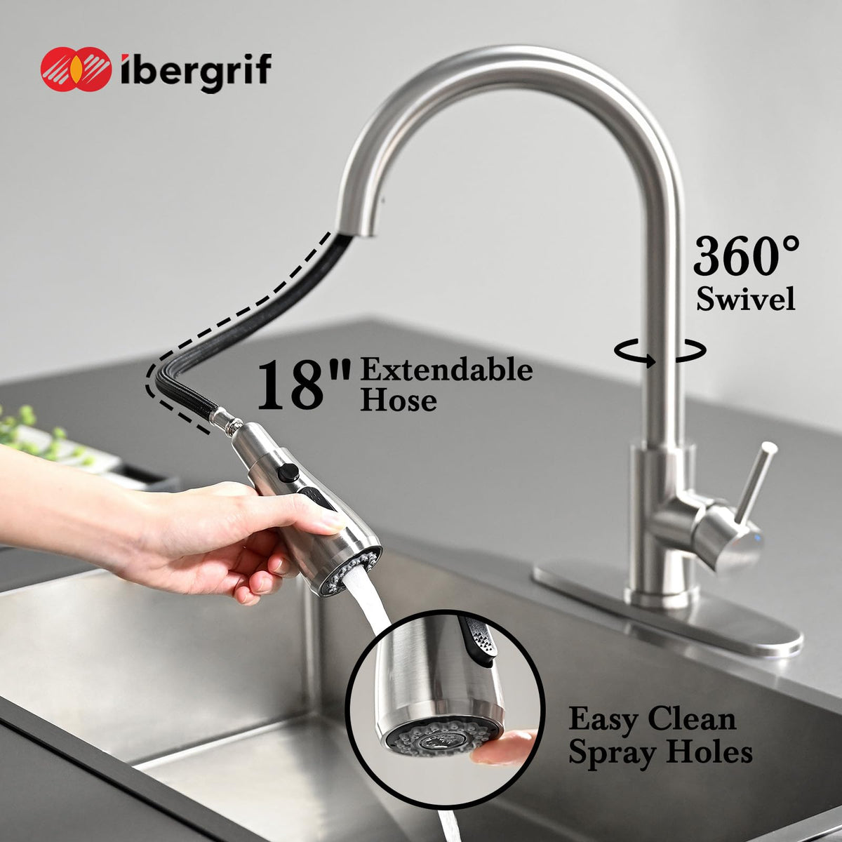 Ibergrif Kitchen Faucets with Pull Down Sprayer, Single Handle High Arc Brushed Nickel Stainless Steel 1 or 3 Hole Kitchen Sink Faucet with Deck for RV Laundry Farmhouse Bar