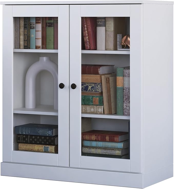 Palace Imports Solid Wood Bookcase - Floor Standing Bookshelf - 32” W - Display Furniture, Renewable 100% Eco-Friendly Wood, Made in Brazil (White, Clear Glass Doors | 3-Shelf Short Bookcase)