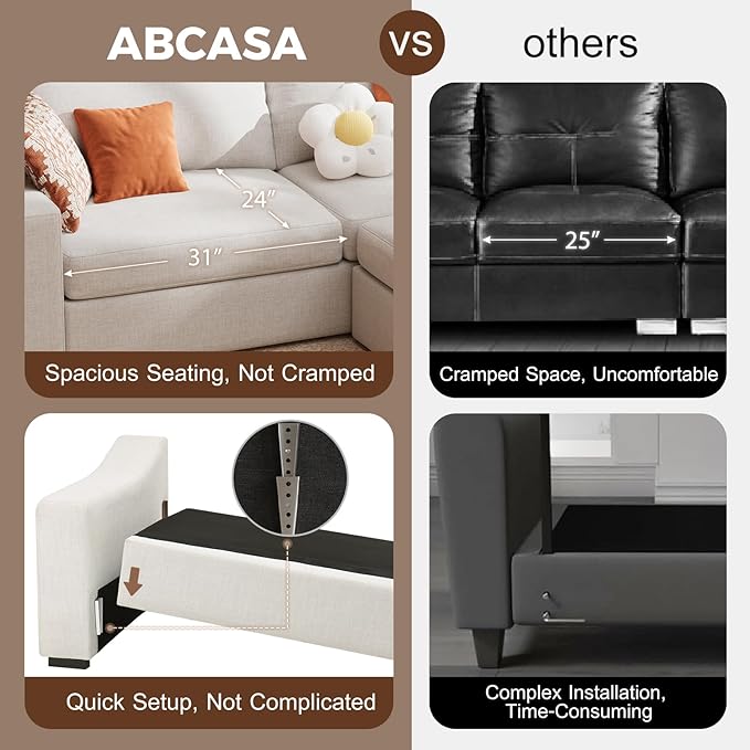 ABCASA 112" Modular Sectional Sofa, Large 5 Seater L Shaped Couch with Detachable Sofa Cover, Movable Ottoman, Deep Seat Corner Couch for Living Room, Apartment - Linen Fabric, Ivory