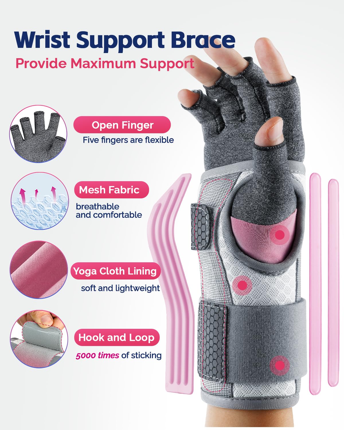 FEATOL Compression Arthritis Glove with Wrist Brace, Comfortable Fingerless Carpal Tunnel Hand Gloves for Women Night Support, Pain Relief for Rheumatoid Arthritis, Work, Typing - Right Hand, Large
