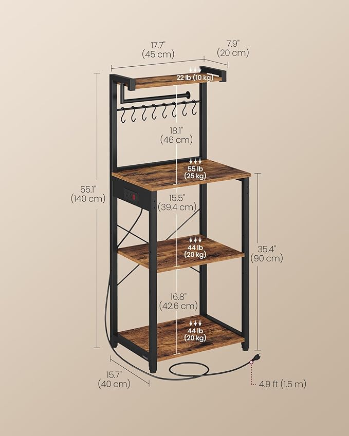 VASAGLE Kitchen Bakers Rack with Power Outlet, Coffee Bar 4-Tier with 8 S Hooks, Microwave Stand, Adjustable Shelf, for Small Spaces, 15.7 x 17.7 x 55.1 Inches, Rustic Brown and Ink Black UKKS013KD01