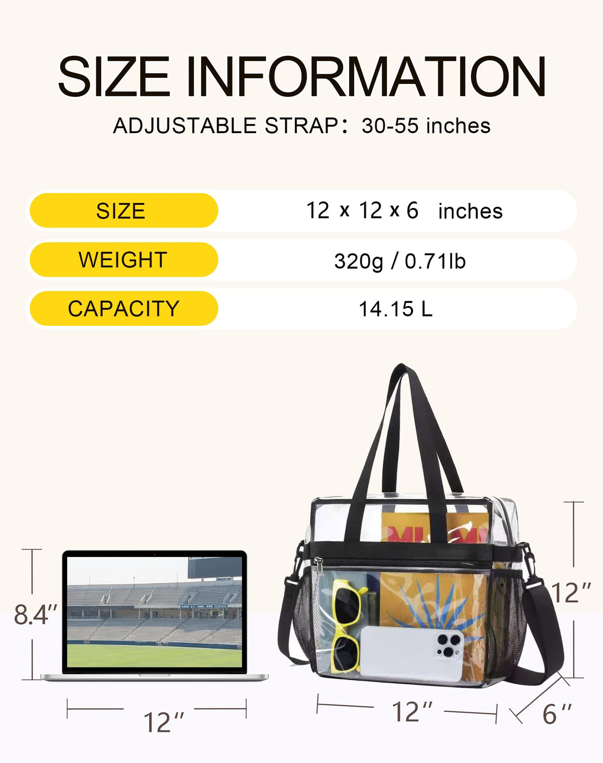 Lyingflat Clear Bag for Stadium Events Founctional 12x6x12 Stadium Approved Clear Tote Bag with Adjustable & Detachable Strap Black