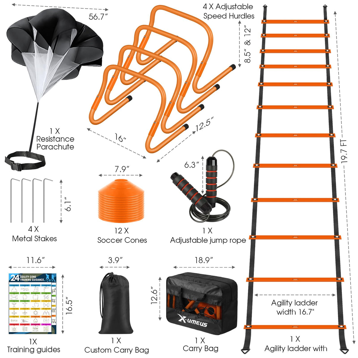 X-UMEUS Agility Ladder Speed Training Equipment Set-20ft Agility Ladder,12 Soccer Cones,4 Hurdles, Jump Rope, Running Parachute| Basketball Football Soccer Training Equipment for Kids Youth Adults