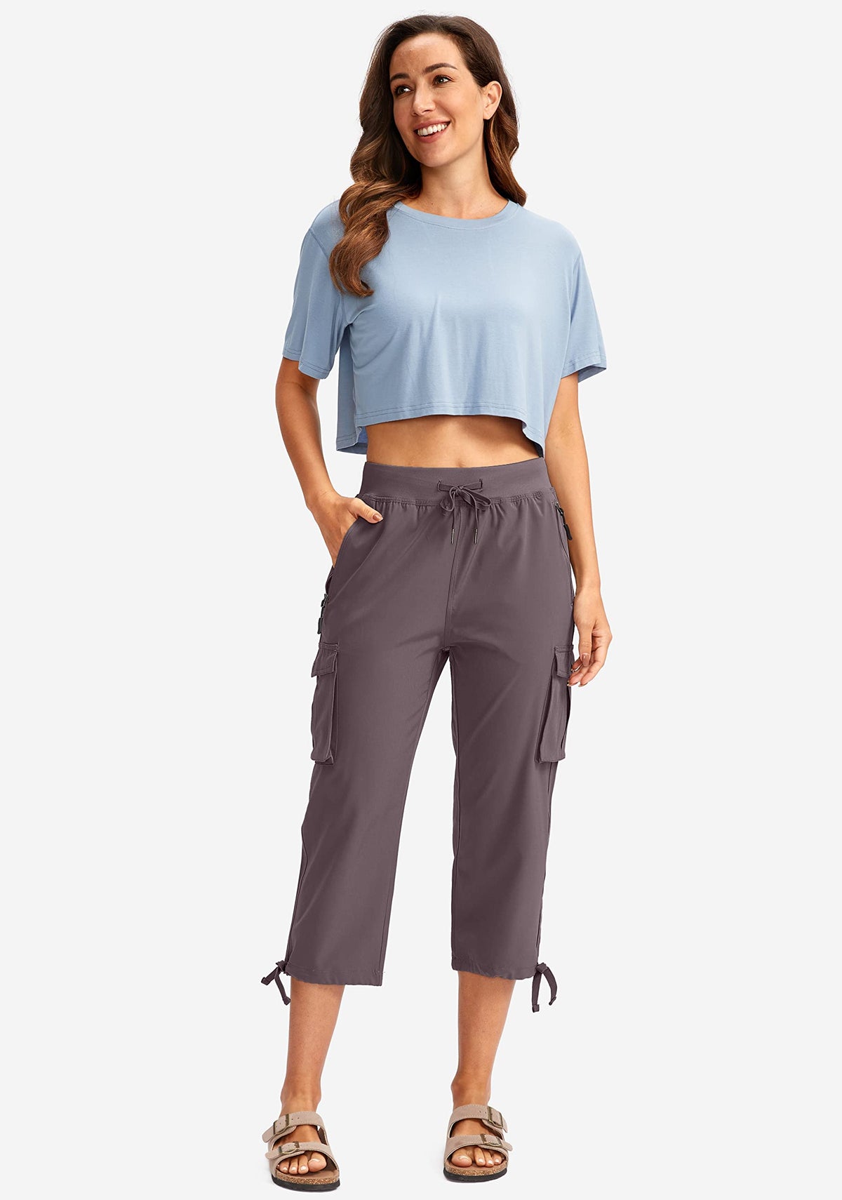 Soothfeel Women's Cargo Capris Pants with 6 Pockets Lightweight Quick Dry Travel Hiking Summer Pants for Women Casual (Dusty Purple, L)
