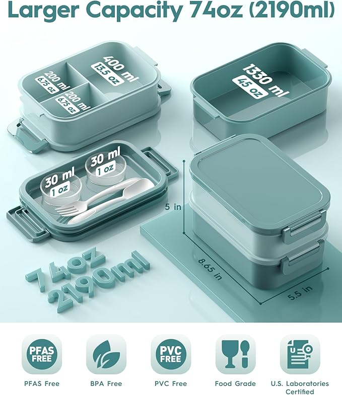 Adults Bento Box with Insulated Lunch Bag, 74oz Capacity 3 Stackable Leak-Proof Bento Box Built-In Utensil and Sauce, PFAS & BPA-Free, Microwave & Dishwasher Safe (Mint Green)