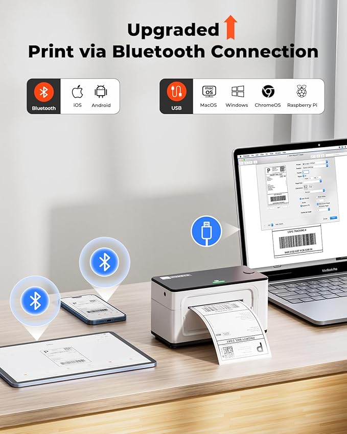 MUNBYN Bluetooth Thermal Label Printer 941BP, Wireless 300DPI 4x6 Shipping Label Printer for Small Business Compatible with Windows, Mac, iPhone, Android, PC, Ebay, Amazon, Shopify, Etsy, USPS (White)