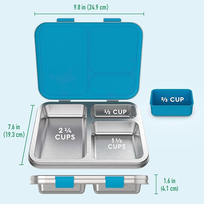 Bentgo Kids Stainless Steel Prints Leak-Resistant Lunch Box - 3-Compartments with Bonus Silicone Container, Durable, Eco-Friendly, Dishwasher Safe, BPA-Free, Ideal for School, Ages 3+ (Dinosaur)