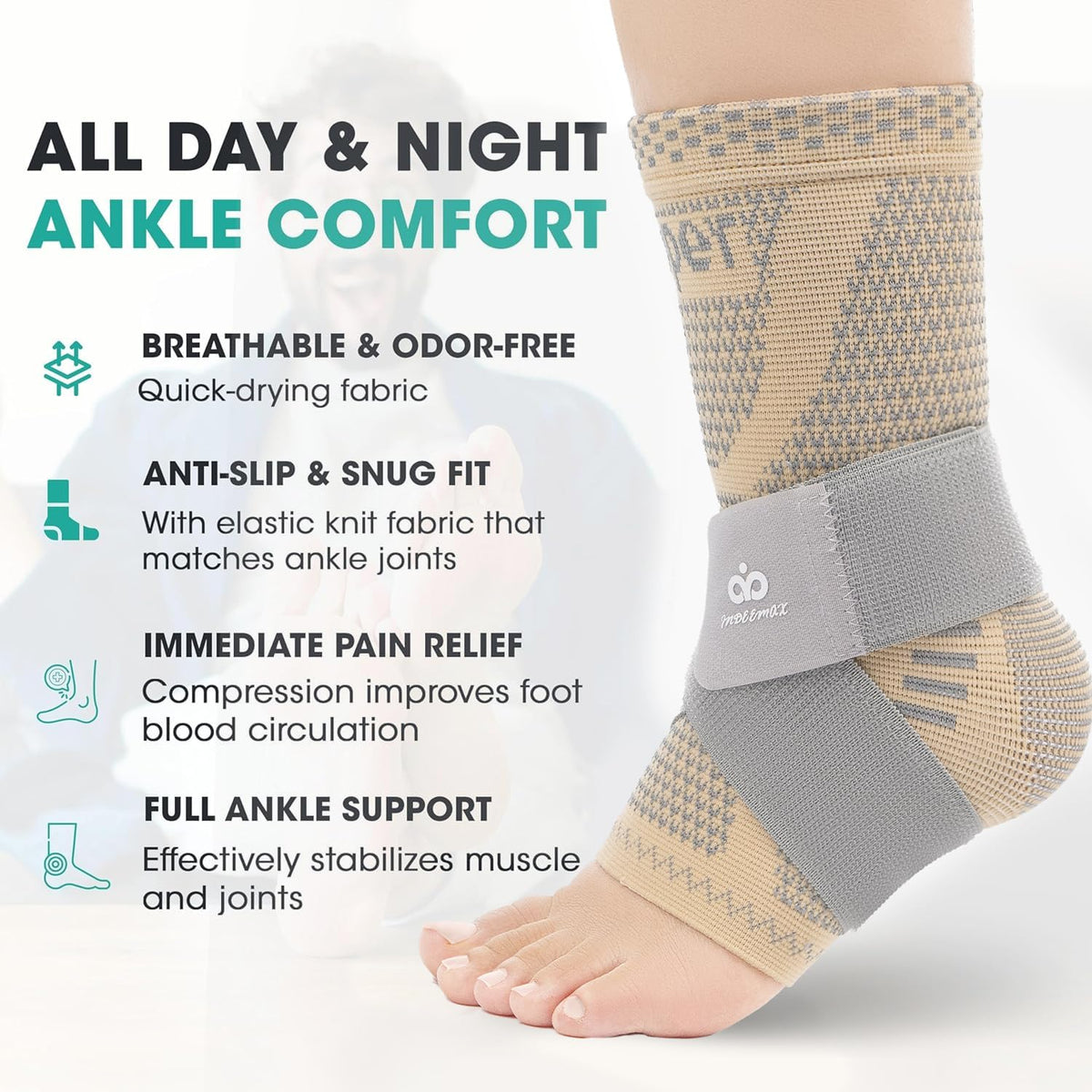 INDEEMAX Ankle Brace for Women & Men, Ankle Compression Sleeve Support Copper Infused Ankle Brace for Sprained Ankle, Plantar Fasciitis Sports, Achilles Tendonitis Pain Relief, Skin Silver, M