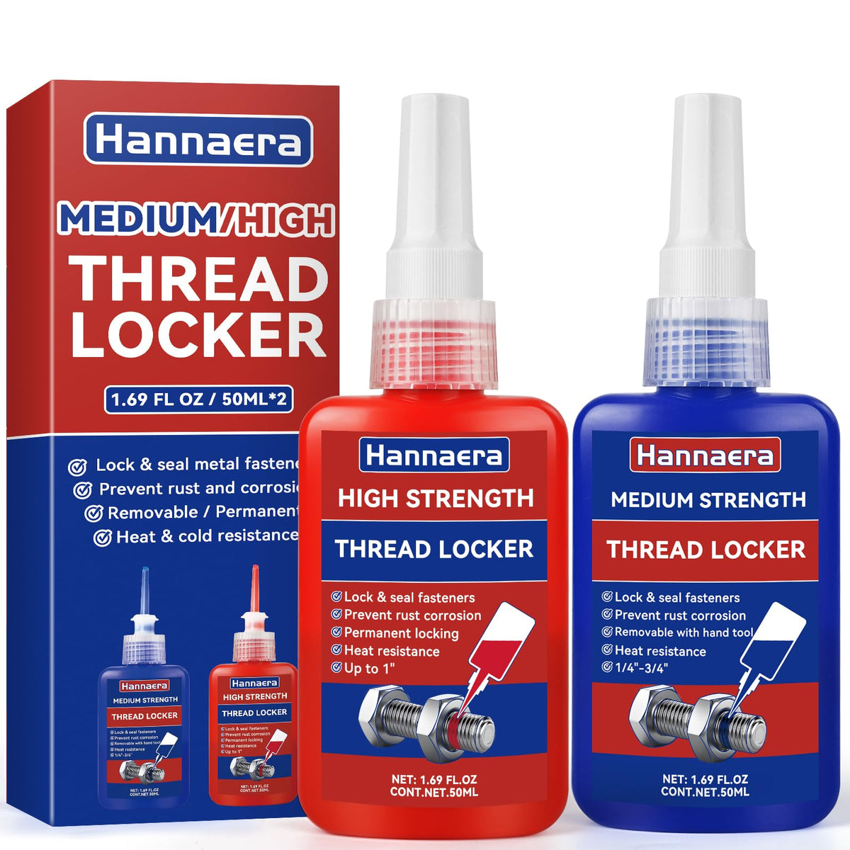 Thread Lock Blue and Red, Threadlocker Medium and High Strength, Thread Locker for Nuts, Bolts, Fasteners and Metals, Against Losening and Leakage (50 mlx2)