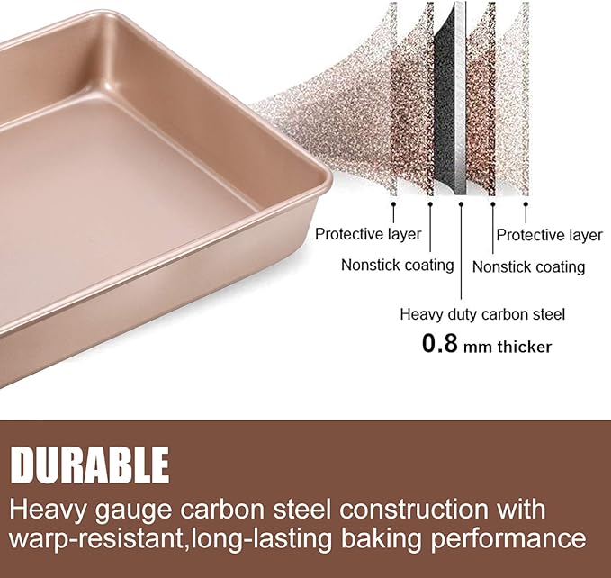 JOHO BAKING Deep Baking Pans Set Nonstick,Rectangle Cake Pan,Stackable Bakeware Set of 3,Oven Trays for Baking,Gold(9''/11''/13'')