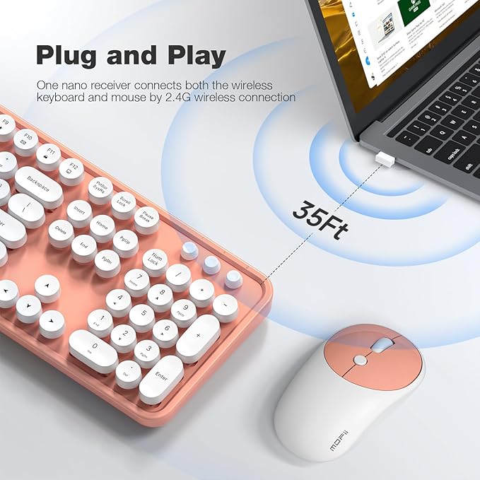 Wireless Keyboard and Mouse Combo, MOWUX Full Size Typewriter Retro Round Computer Keyboard, Mouse Wireless, Plug and Play, for Laptop, PC, Computer- Orange