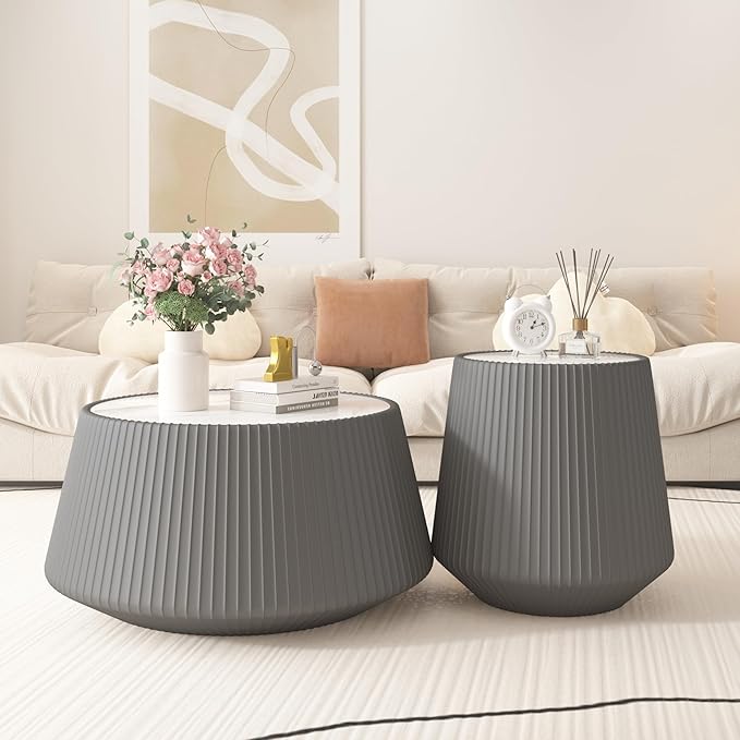 Grey Round Coffee Table with Sintered Stone Tabletop, 26.77" Drum Coffee Table with Fluted PU Leather Covered and Stable Base, Circle Cocktail Tea Table for Living Room