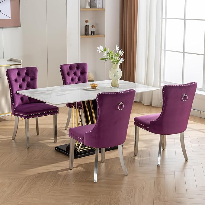 Luxury Upholstered Dining Chairs Set of 2, Purple Kitchen Chair with Silver Metal Legs, Velvet Tufted Back Dining Chair, Sillas de Comedor, Modern Kitchen & Dining Room Chairs (Purple, 2 Pcs)