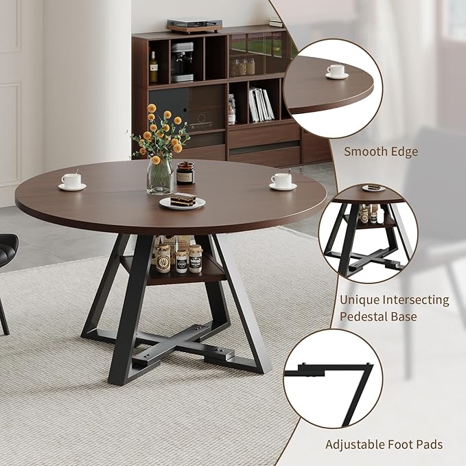 Walnut Round Dining Table Set for 4, Mid-Century Modern Kitchen Table and Chairs, Small Space Dining Room Furniture for Apartment, Breakfast Nook or Studio (Walnut wood-Storage Table+4 Brown Chairs)