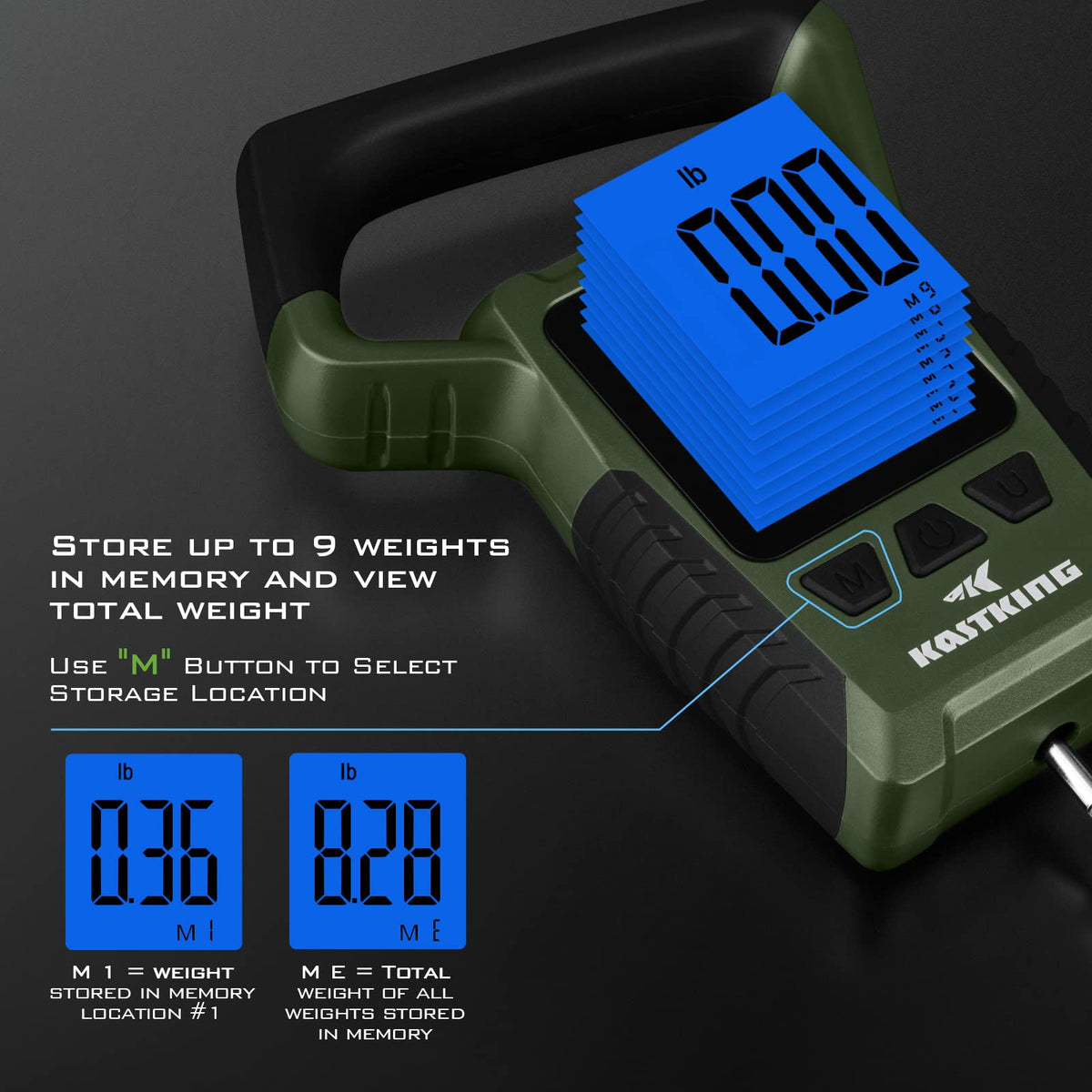 KastKing Fish Scale, WideView Floating Waterproof Digital Scale with No-Puncture Lip Gripper, 2.5” Large LCD Display, 110lb Capacity, Stores up to 9 Weights, Green