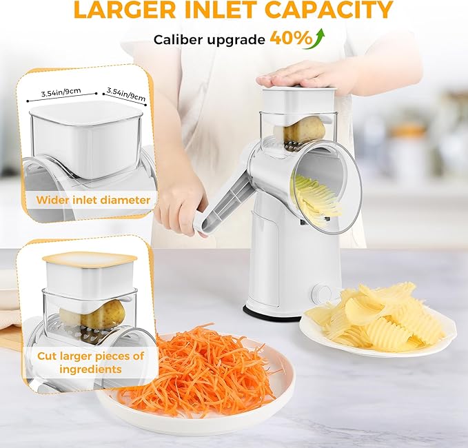 YSEPOZ 7 IN 1 Upgraded Rotary Cheese Grater with Handle – Vegetable Shredder with Built-in Storage Blade Slot, 5 Versatile Blades, Strong Suction Base Round Mandoline Slicer, Food Chopper for Kitchen