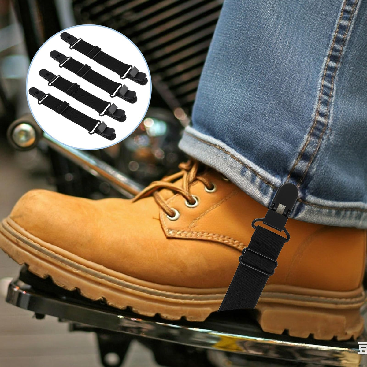 RJLCTH 4 Pcs Adjustable Motorcycle Boot Straps, Black Cowboy Boot Straps with Clips for Jeans, Mules Clogs Footbed Cork Platform Slipper Suede Leather Mules Shoes Potato Boot Sandals