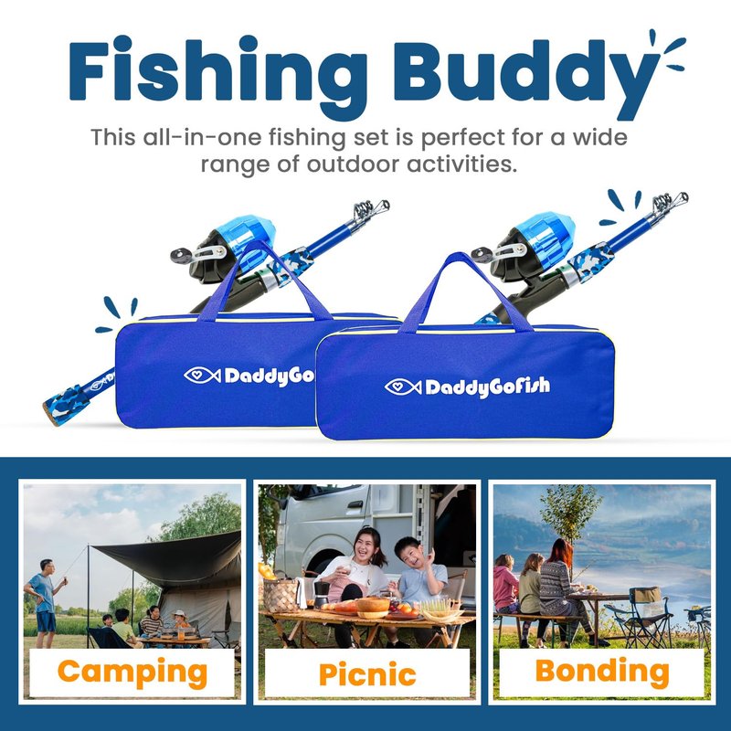 DaddyGoFish Kids Fishing Pole - Rod Reel Combo Tackle Box Starter Set - First Year Small Dock Gear Kit for Boys Girls Toddler Youth Age Beginner Little Children Junior Anglers (2 Pack Blue + Blue 4ft)