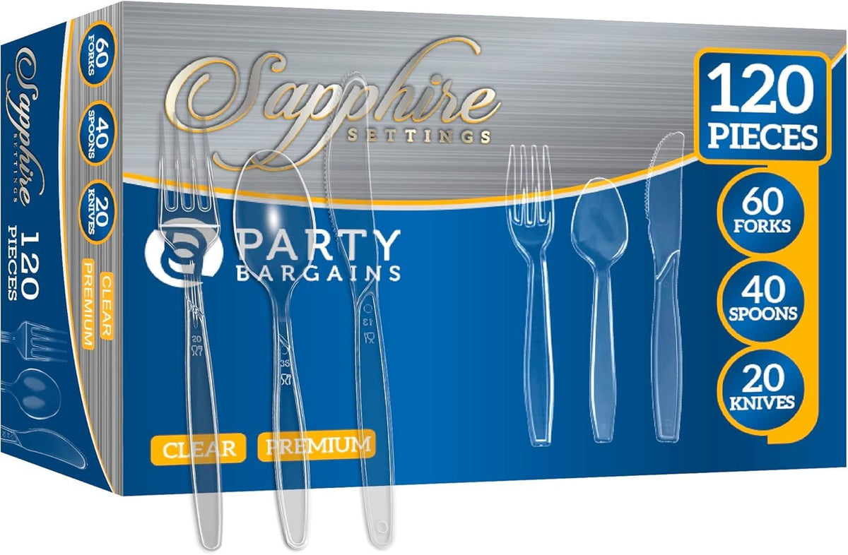 PARTY BARGAINS Disposable Cutlery Set 1440-Piece – Sapphire Settings Clear Plastic Forks Spoons Knives – Heavy-Duty Utensils for Parties Catering Weddings & Events – BPA Free