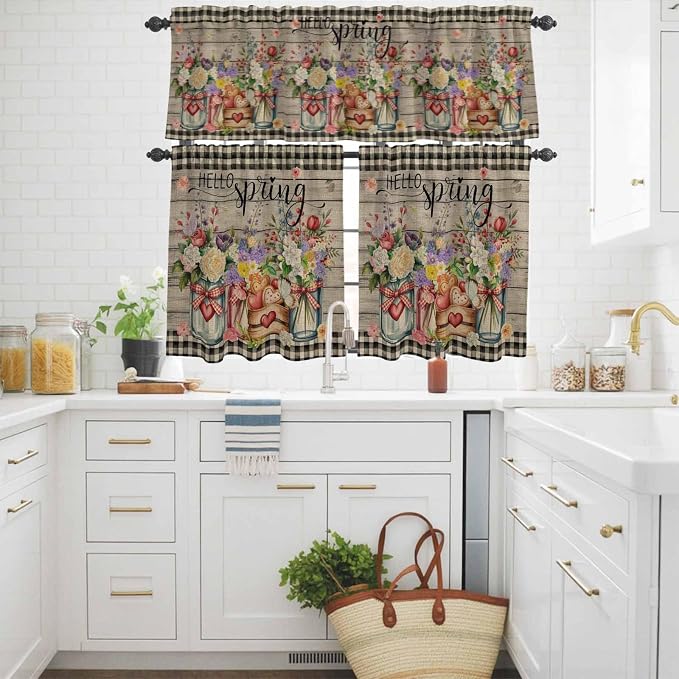 Kitchen Curtains Tiers and Valance Set of 3, Spring Flowers Light Filtering