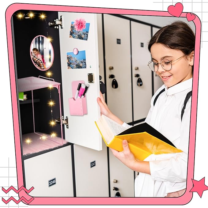 Patelai 11 Pcs Locker Accessories Kit Included Locker Shelf Magnetic Mirror Pen Holder Whiteboard Marker Faux Fur Rug Light String and Magnet for Back to School Essentials(Pink)