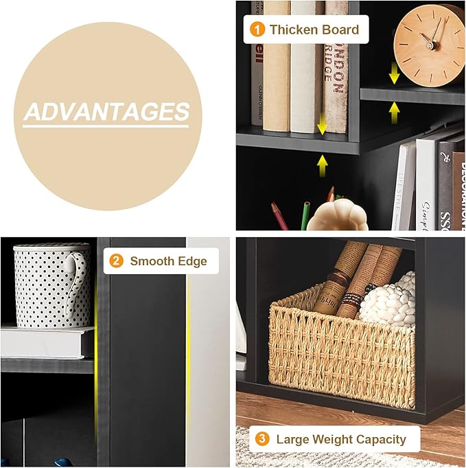VECELO 42 Inch High Bookcase, 4-Tier Modern Storage Cabinet with Height Difference Shelves for Standard Textbooks, Floor Standing Display, 7 Cubes, Horizontal Avaiable, Easy Assembly, Black