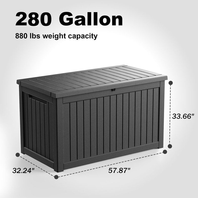 PatioZen 280 Gallon Outdoor Deck Box,Waterproof Resin Outdoor Storage Boxes, Outside Storage Lockable Container for Garden Tools,Indooor Cushions,Accessories (Black)