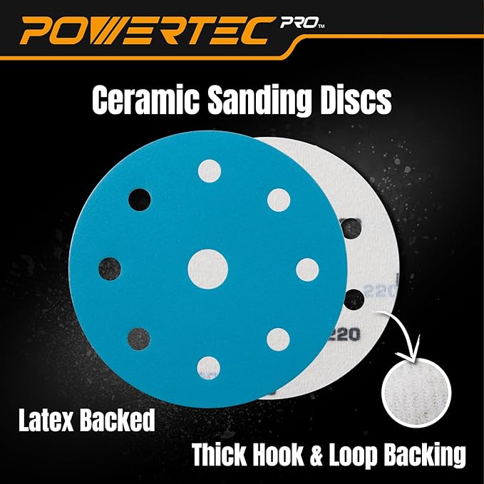POWERTEC PRO 45901C 45PK, 5 Inch 9 Holes Assorted Sanding Disc & Abrasive Cleaning Stick, 80/120/220 Grit Ceramic Hook and Loop Backing Discs for Festool Orbital Sanders-Automotive, Metal, Woodworking