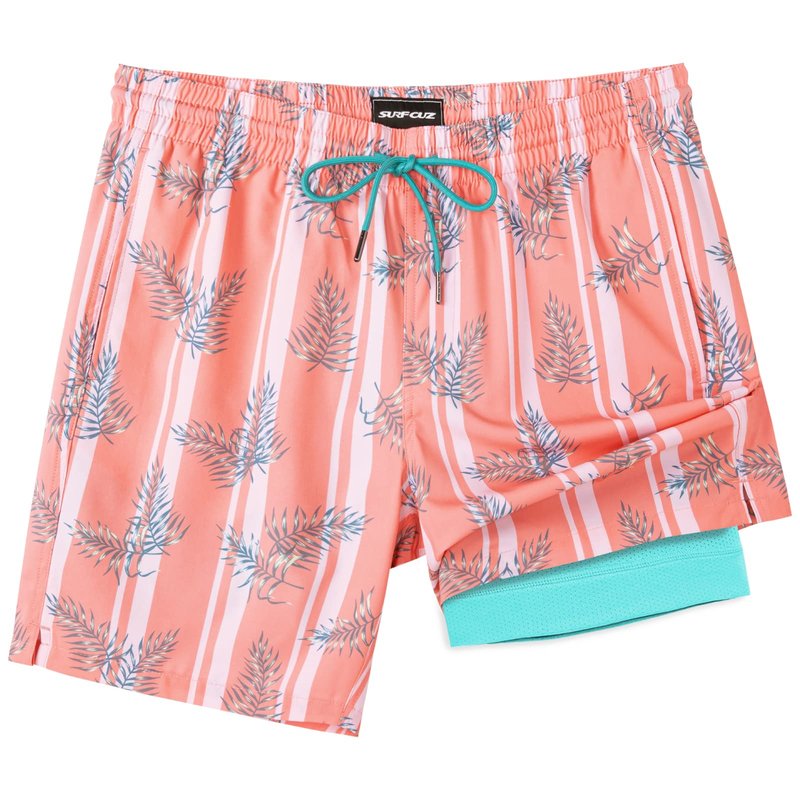 SURF CUZ Mens Swim Trunks with Compression Liner Quick Dry Swim Shorts 7" Swimming Trunks Stretch Zipper Pockets Orange Striped Leaves Small