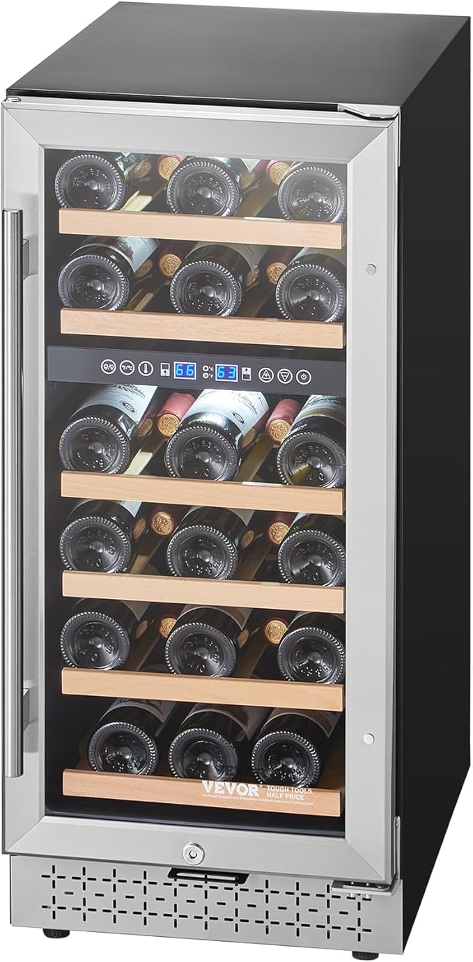 VEVOR Wine Cooler, 28 Bottle Dual Zone Wine Fridge, Mini Wine Cooler Refrigerator with Glass Door, Adjustable Shelves, Digital Temperature Control, Built-in & Freestanding Fridge for Home Office Bar