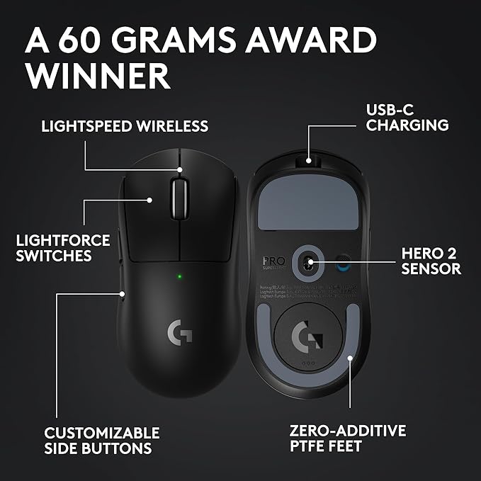 Logitech G PRO X Superlight 2 SE Wireless Gaming Mouse, 60 g pro-Grade Mouse with 5 programmable Buttons, 44K DPI Sensor, 888+ IPS, 1 kHz Report Rate, USB-C Charging for PC/Mac - Black
