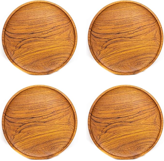 Rainforest Bowls Set of 4 10" Round Javanese Teak Wood Dinner Plates- Perfect for Everyday Use- Hot & Cold Friendly, Ultra-Durable, Premium Wooden Plates- Handcrafted by Indonesian Artisans
