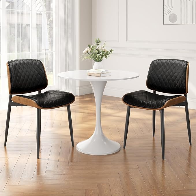 Dining Chairs Set of 8, Mid-Century Modern Upholstered PU Leather Chairs with Walnut Back and Metal Legs Adjustable Feet for Kitchen Dining Room, Black Diamond Plaid