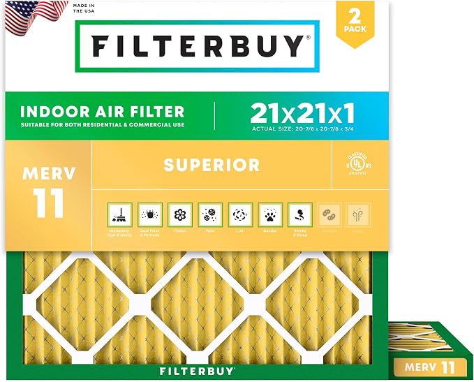 Filterbuy 21x21x1 Air Filter MERV 11 Superior Pet & Allergy Defense,