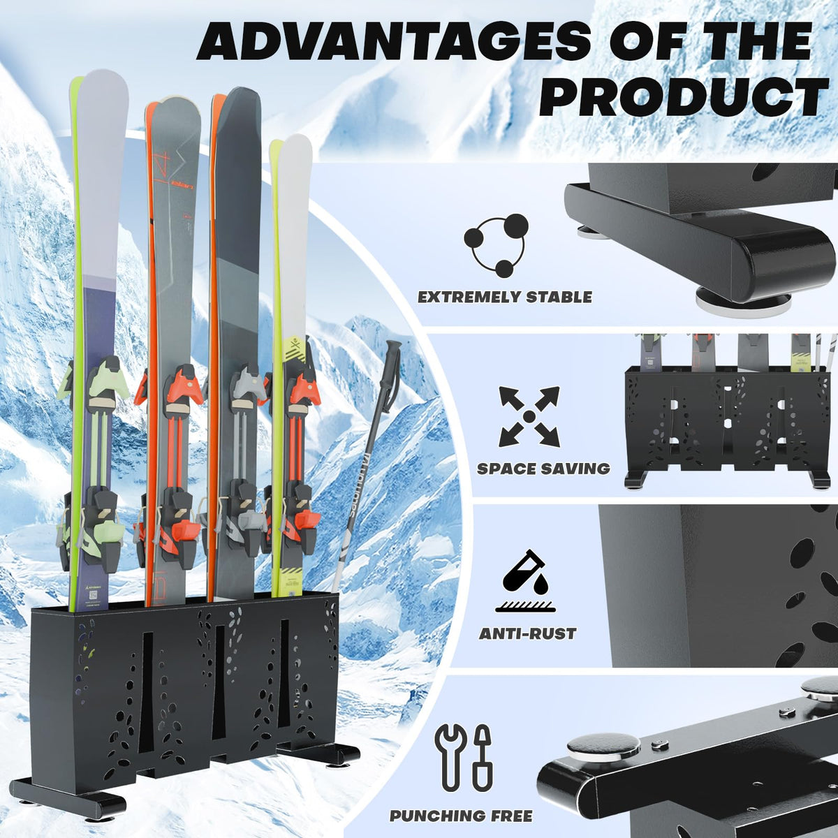 TOCRETOARE Ski Storage Rack for Garage, 4 Pair Heavy Duty Steel Freestanding Ski Storage Organizer, Indoor Ski Holder Racks for Home and Garage Storage