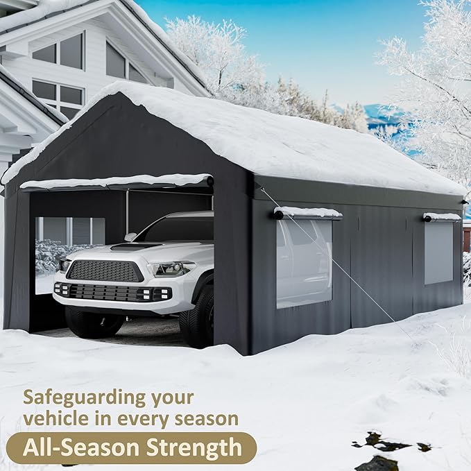 Carport 12' x 20' Heavy Duty Portable Garage, Carport Canopy with Side-Opening Door & Roll-Up Windows, Car Canopy Reinforced Four-Hole Base for Car, Truck, Boat, Party, Black