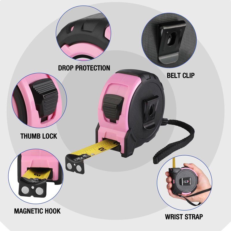 WORKPRO 25FT Pink Tape Measure, 1/8 Fractions Easy Read Measuring Tape, Retractable Nylon Coating Measurement Tape Accuracy 1/32, Magnetic Hook, Belt Clip, Rubber Protective Casing - Pink Ribbon