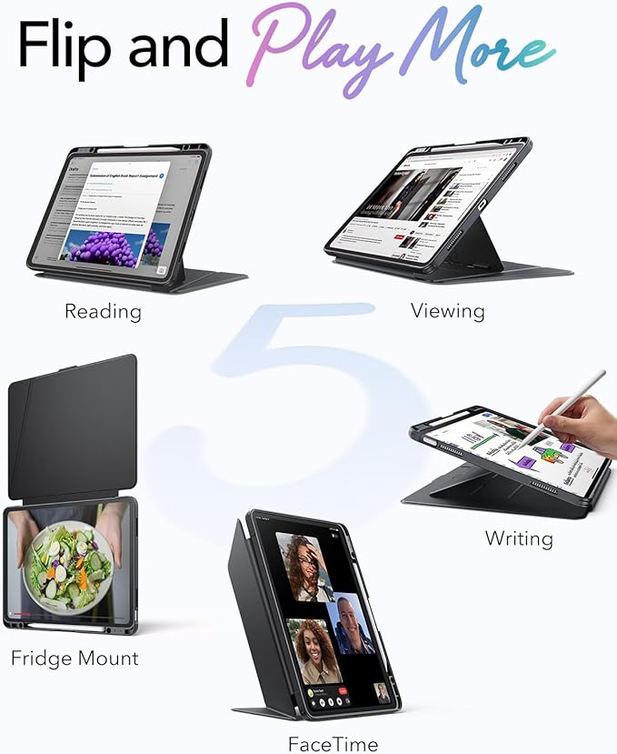 ESR for iPad Air 13 Inch Case M4/M3/M2 (2026/2025/2024), Vertical Stand Cover, Multi Stand Angles, Ultra-Stable Case with Pencil Holder, Flip Series, Black
