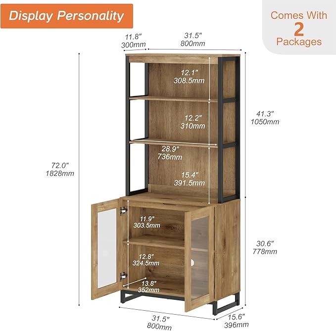 WAMPAT Modern 72" Tall Bookcase with Glass Doors and Adjustable Shelves, Library Book Shelf with Storage Cabinet and Open Book Shelfs, Wood Bookshelf for Home Office, Living Room, Oak