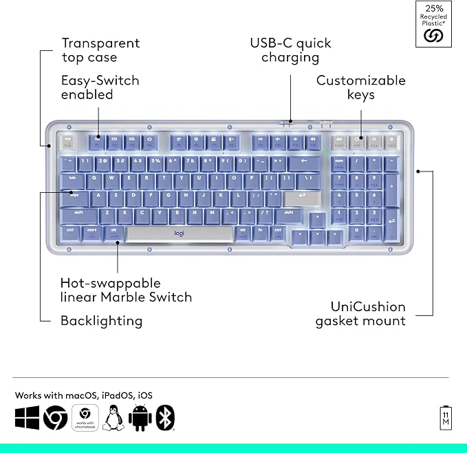 Logitech Alto Keys K98M Wireless Mechanical Keyboard, Customizable Keyboard with Vibration Absorbing Gasket, Backlit Keys, Bluetooth, USB-C Charging, for PC, Mac, Laptops - Lilac