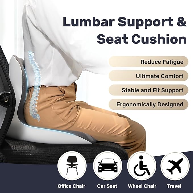 Coverado Upgraded Car Seat Cushion and Lumbar Support Pillow One Piece, Memory Foam Ergonomic Back Support Driving Seat Cushion for Back Pain, Non-Slip Washable Cushion for Car, Driver, Office