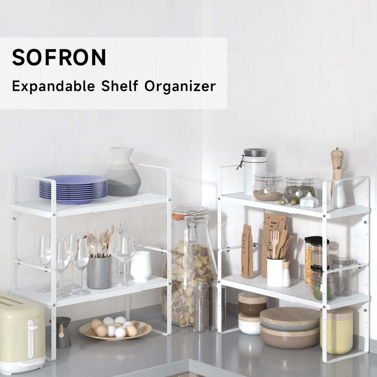 SOFRON Expandable Storage Shelf, Stackable Organizer Rack, White Large 3 PK