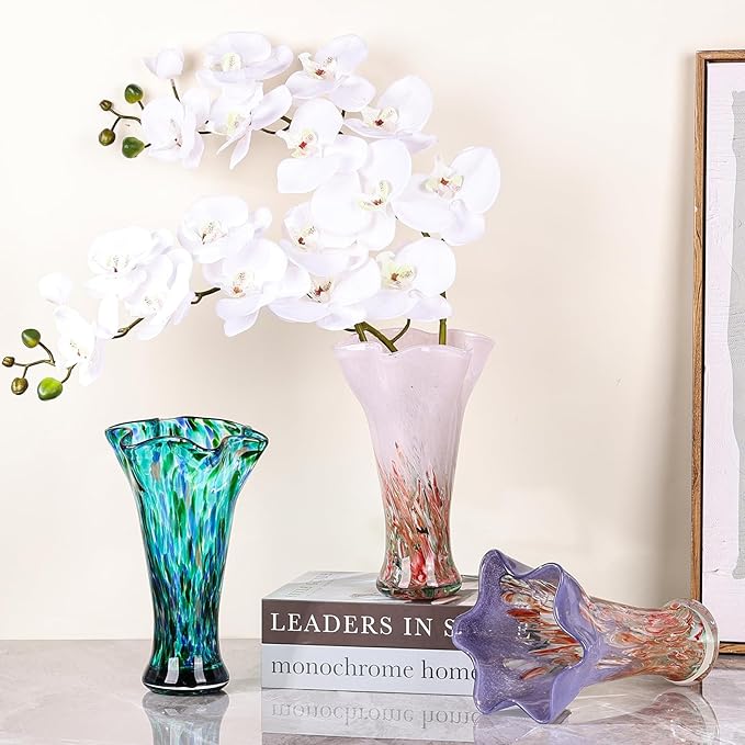 9.0" H Pink Glass Vases for Flowers, Hand Blow Glass Vase Pink Home Decor, Wide Mouth Red Flower Vase Centerpieces, for Bookshelf,Dinner Table,Indoor Office Desktop,Meeting Room,Bathroom,Countertop