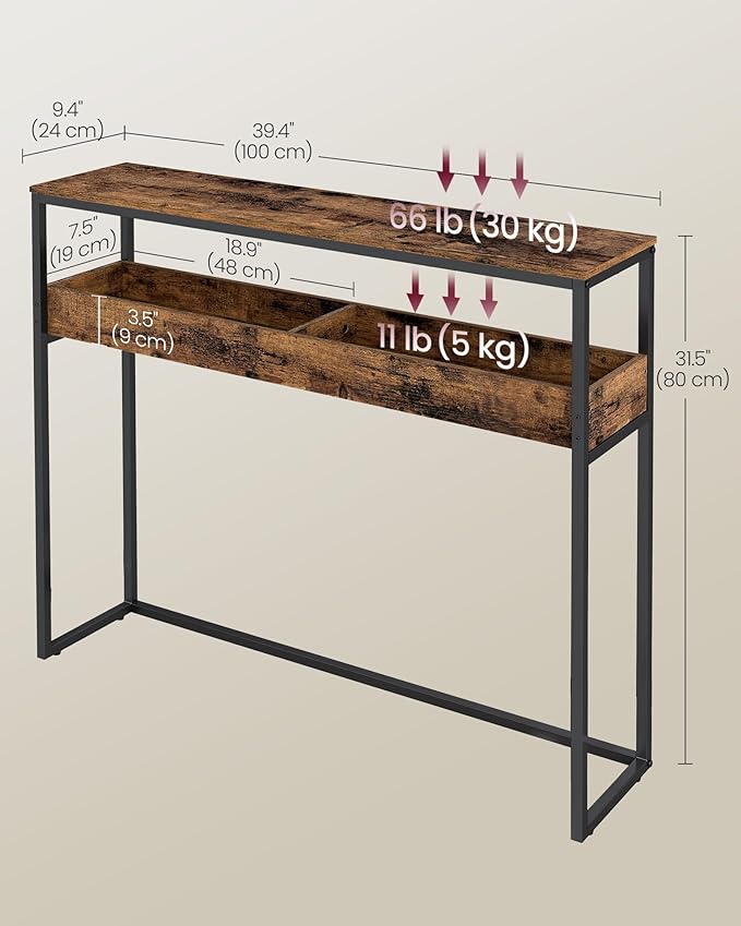VASAGLE 2-Tier Entryway Table, Narrow Console Table, Semi-Open Compartments, 9.4 x 39.4 x 31.5 Inches, for Hallway, Living Room, Rustic Brown and Ink Black ULNT091K01