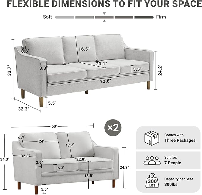 Kingfun Living Room Furniture Sets, Armchair and 2 Loveseat, Mid Century Modern Sofa Set, Chenille Couch with Solid Wood Frame for Living Room & Bedroom, Silver Gray